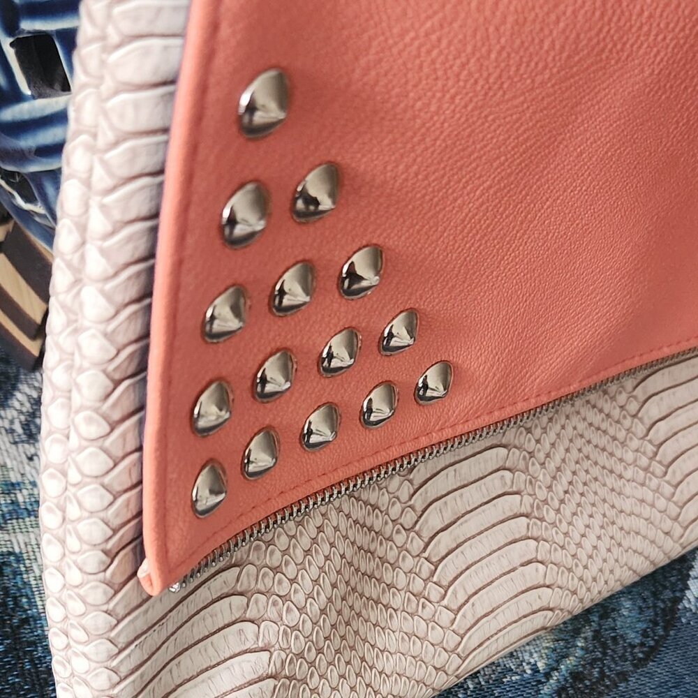 Giannini Textured Snake Print Fold Over Clutch Bag Studded Snap Close - Picture 9 of 9